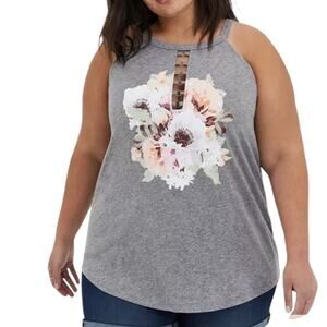 TORRID 1 Grey Floral Bloom O-Ring Tank High Neck Top Cotton 1X Biker Boho